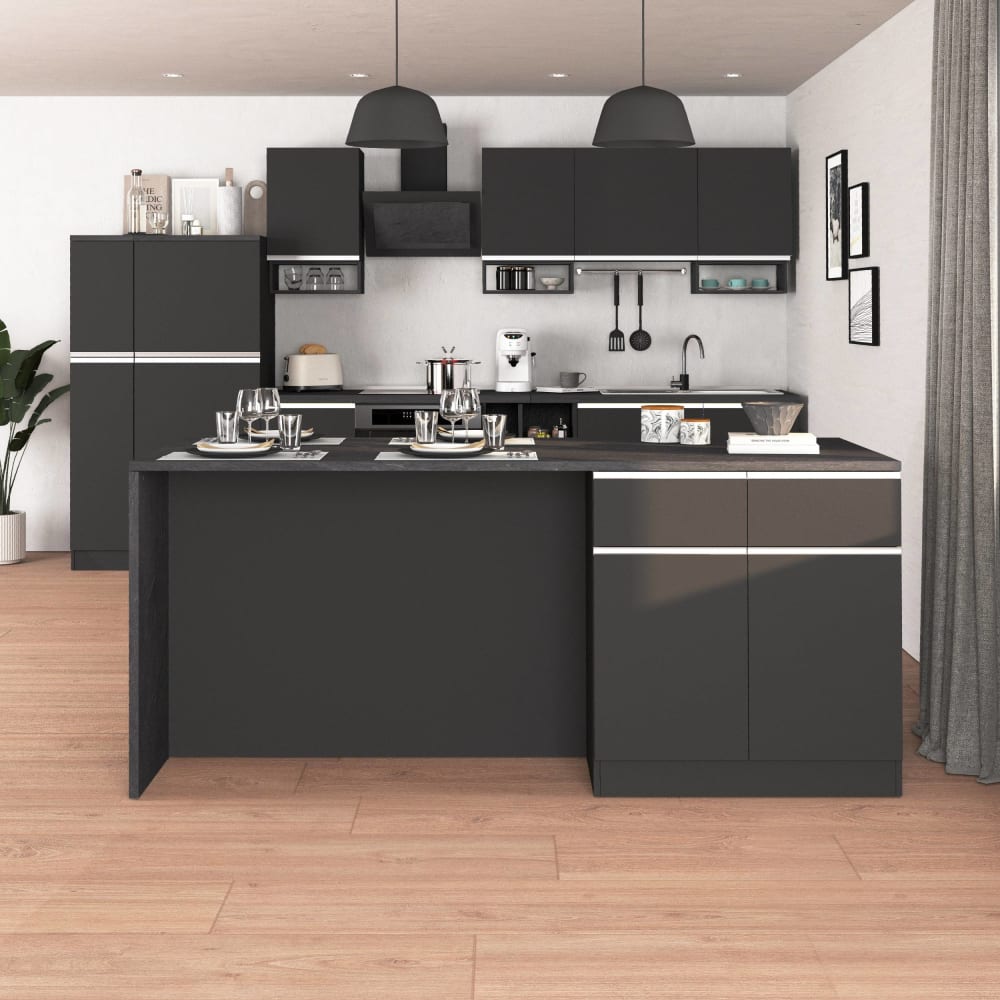 Îlot de cuisine 4 portes 200 cm effet bois anthracite mat/gris report
