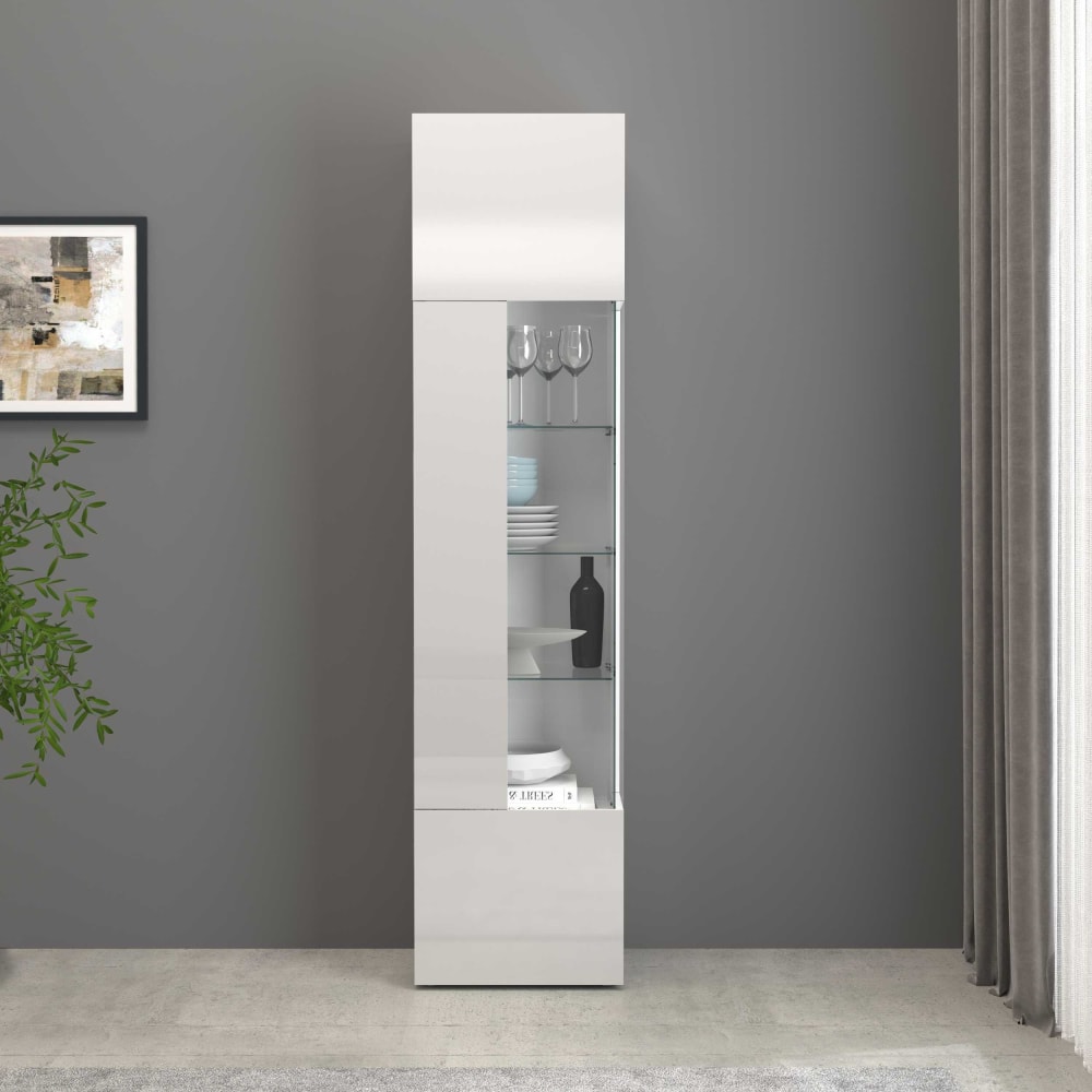Vitrine 1 porte 5 étagères 45 cm effet bois blanc brillant