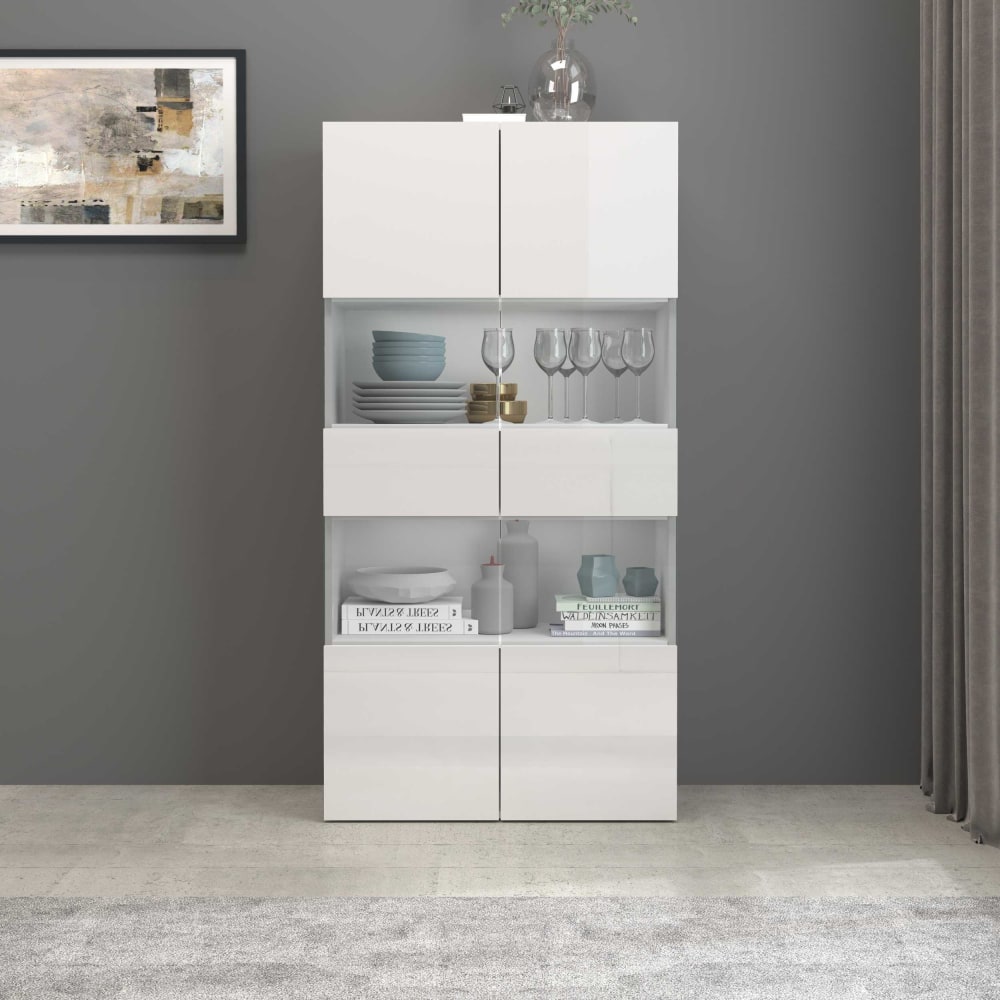 Vitrine 2 portes 4 étagères 80 cm effet bois blanc brillant