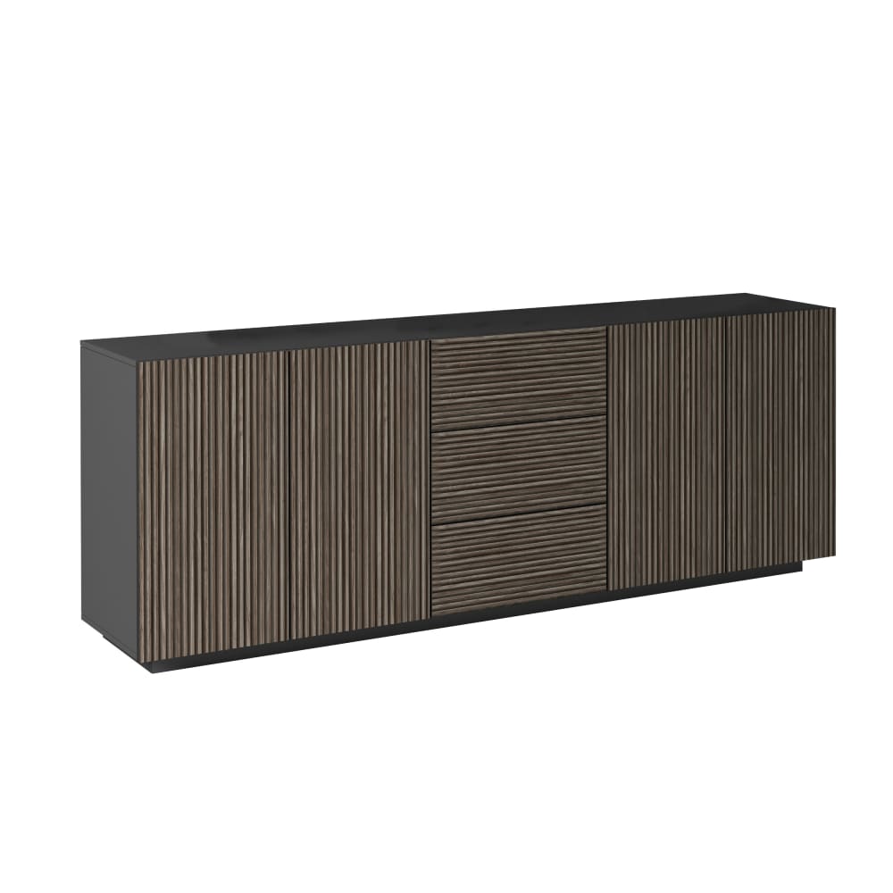 Buffet 4 portes 220,1 cm effet bois cannelé anthracite et bois foncé