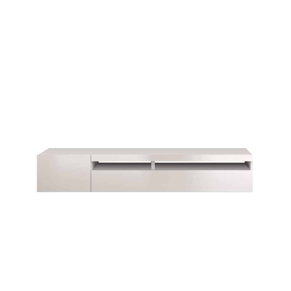 Meuble tv 2 portes 2 compartiments 200 cm effet bois blanc brillant