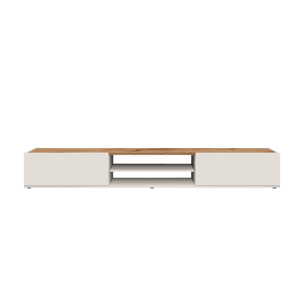 Meuble tv 2 portes 210 cm effet bois blanc brillant et chêne