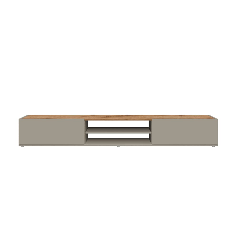 Meuble tv 2 portes 1 etagère 210 cm effet bois taupe mat et chêne