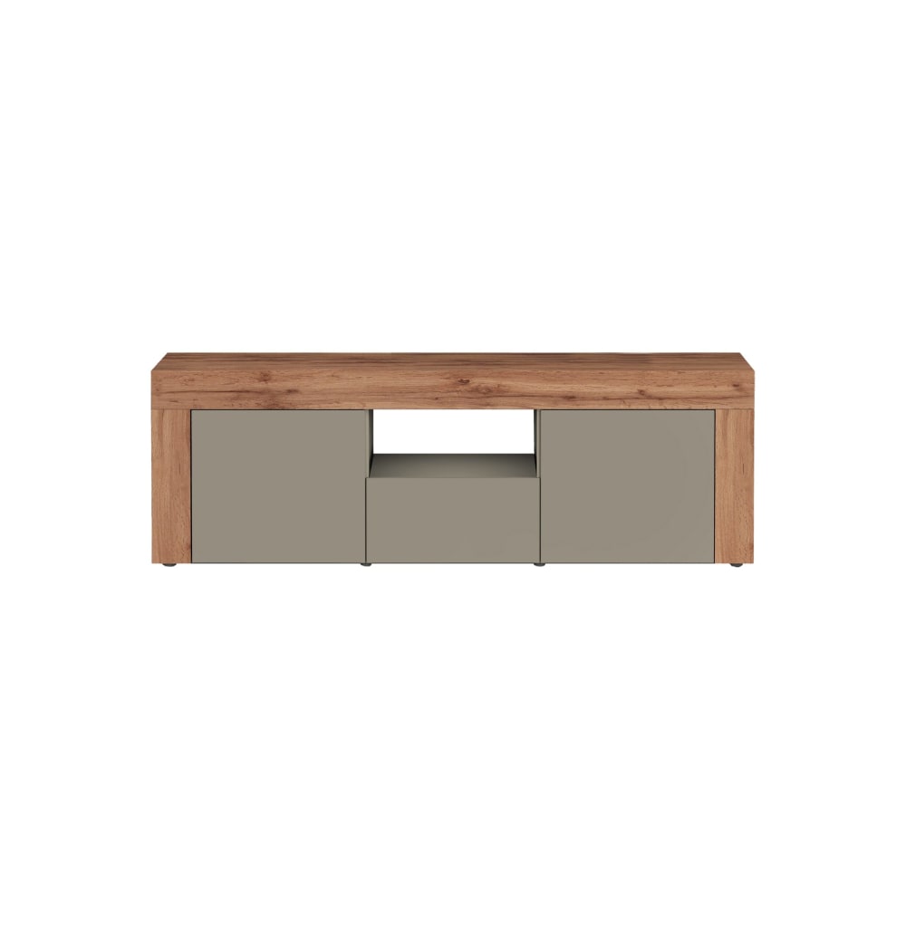 Meuble tv 2 portes 1 tiroir 155 cm effet bois taupe mat et chêne