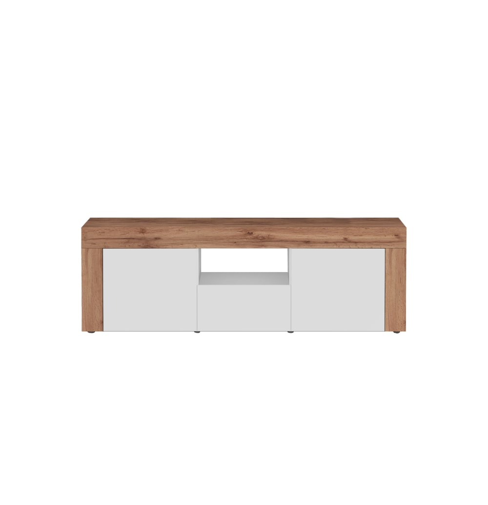 Meuble tv 2 portes 1 tiroir 155 cm effet bois blanc brillant et chêne