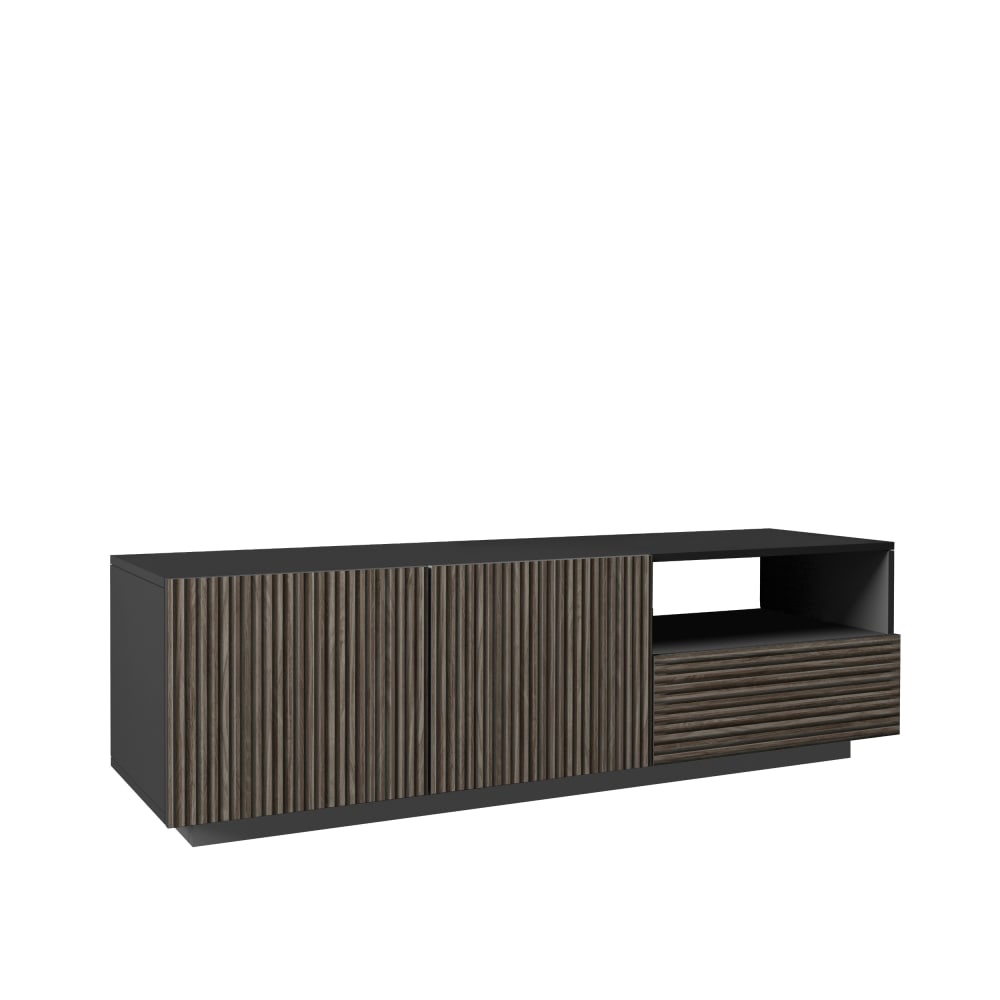 Meuble tv 2 portes 150 cm effet bois cannelé anthracite et bois foncé