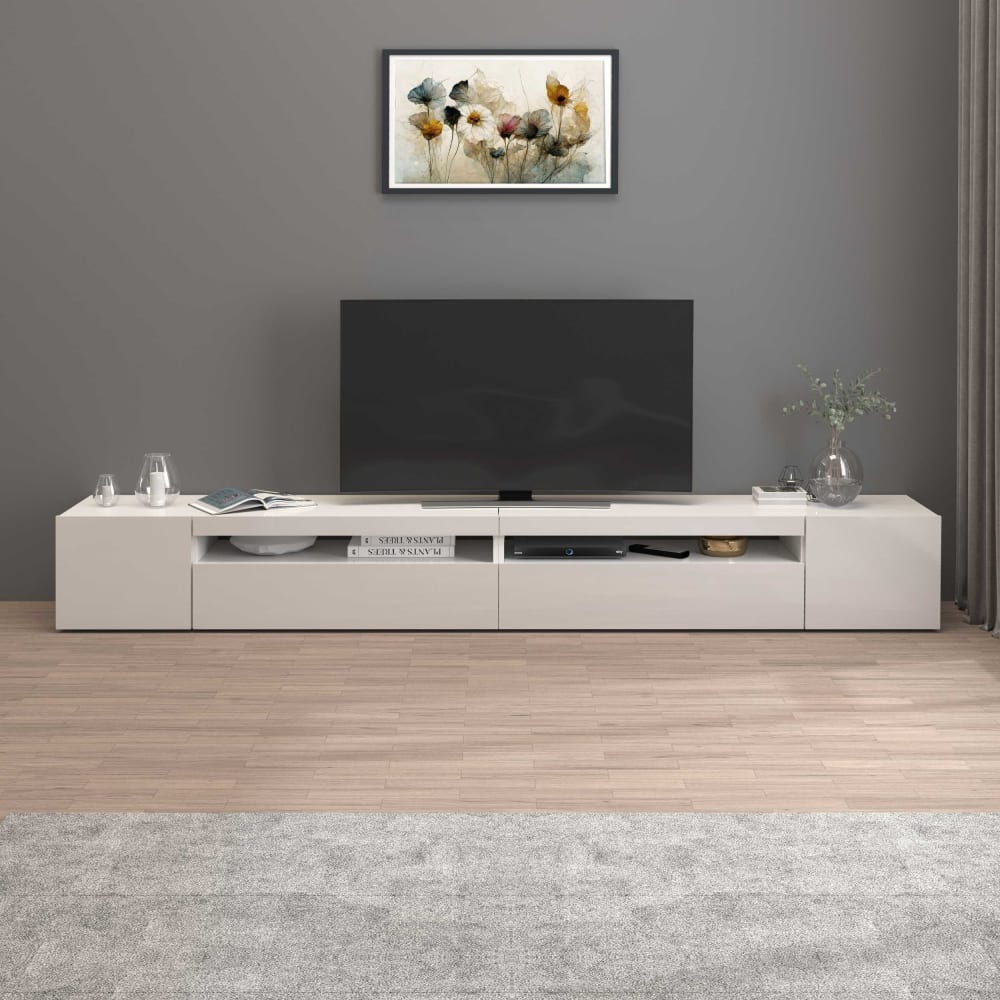 Meuble tv 4 portes 2 niches 260 cm effet bois blanc brillant