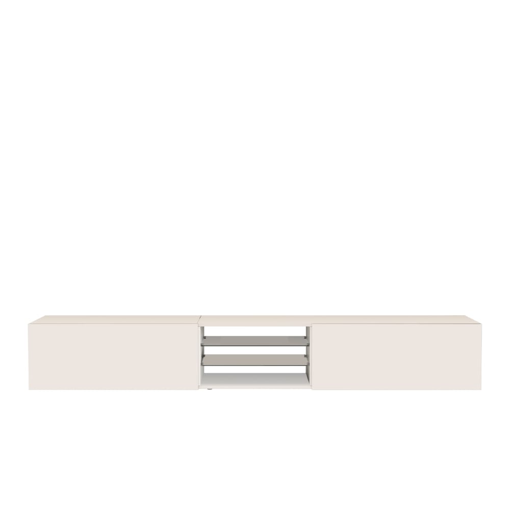 Meuble tv 2 portes 2 etagères 240 cm effet bois blanc brillant