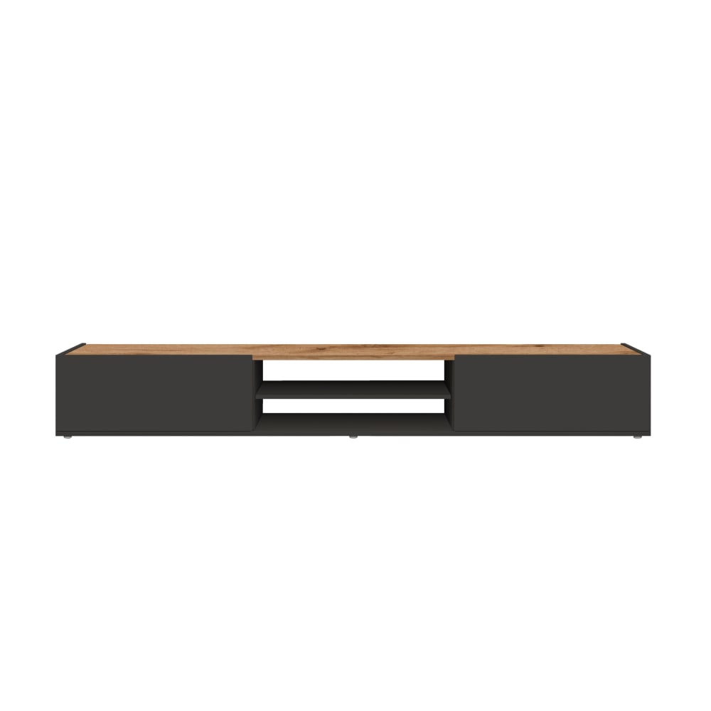 Meuble tv 2 portes 1 etagère 210 cm effet bois anthracite mat et chêne