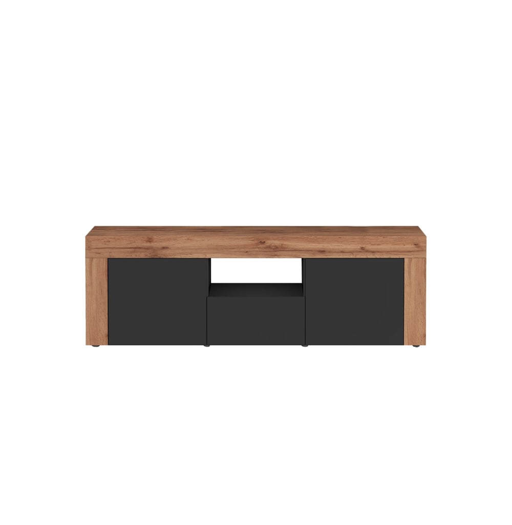 Meuble tv 2 portes 1 tiroir 155 cm effet bois anthracite mat et chêne