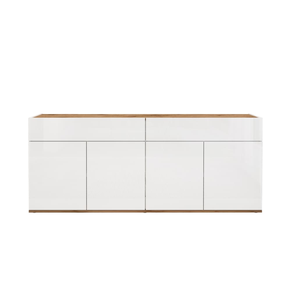 Buffet 4 portes 2 tiroirs 160,1 cm effet bois blanc brillant et chêne