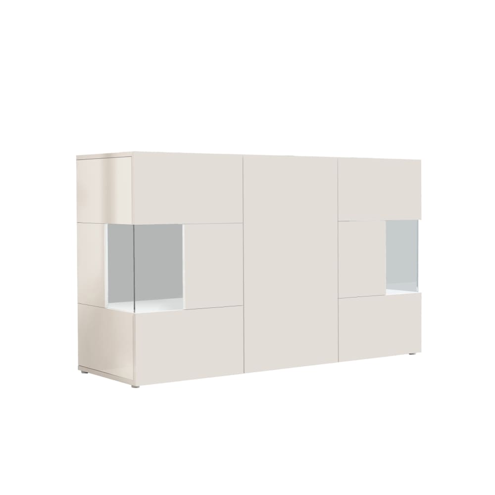 Buffet vitrine 3 portes 135 cm effet bois blanc brillant