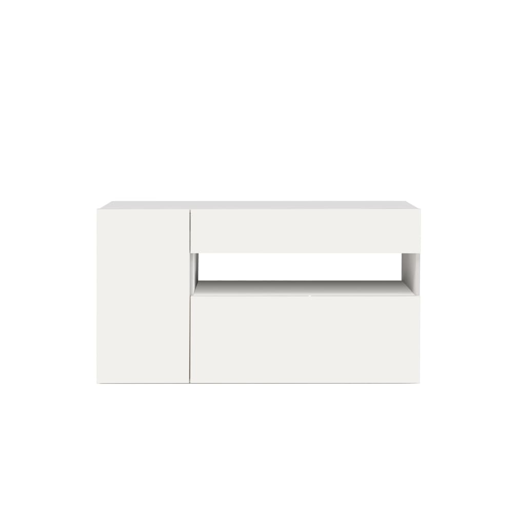 Buffet 1 porte 1 abattant 1 tiroir 140 cm effet bois blanc brillant