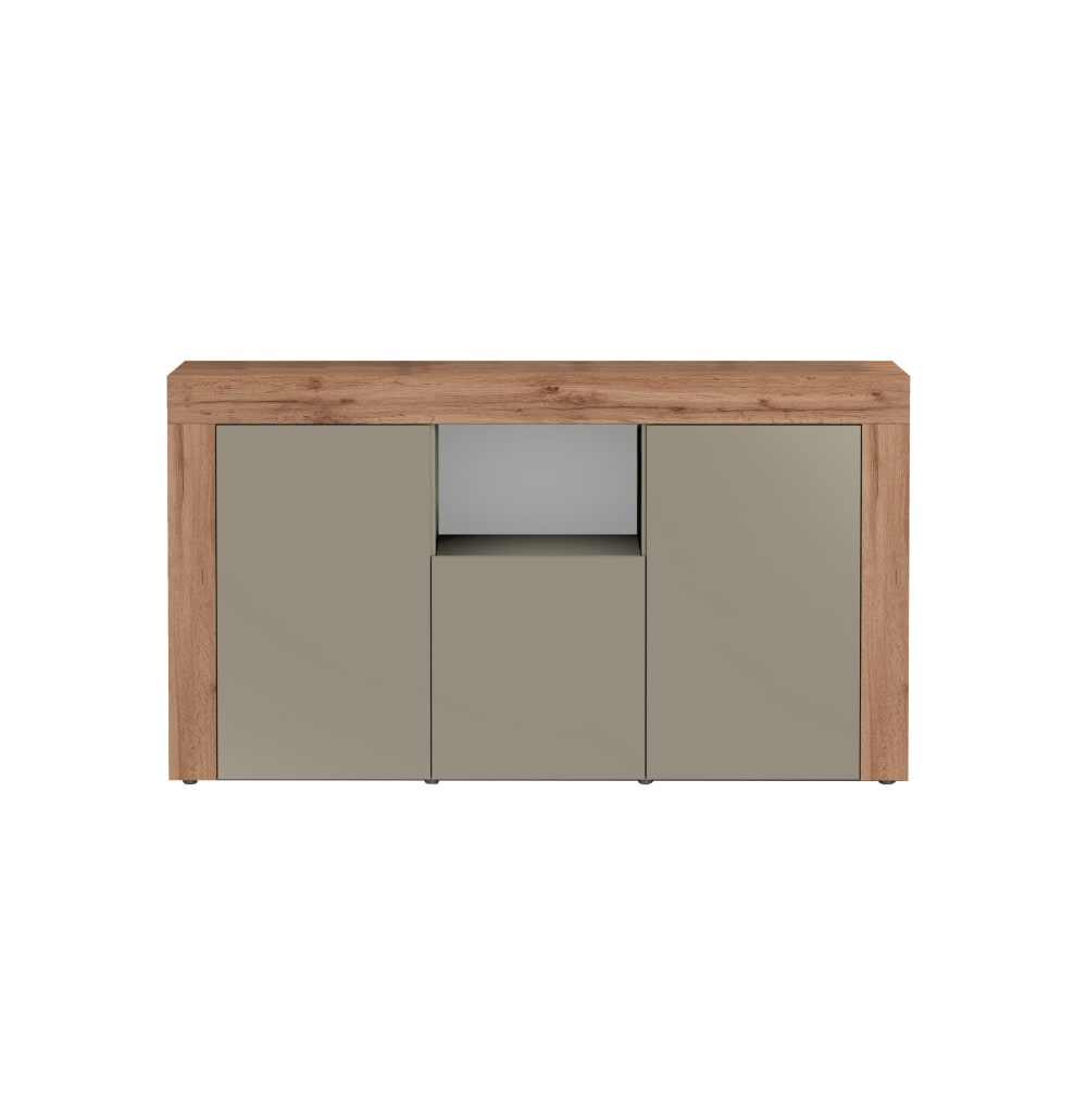 Buffet 3 portes 1 compartiment 155 cm effet bois taupe mat et chêne