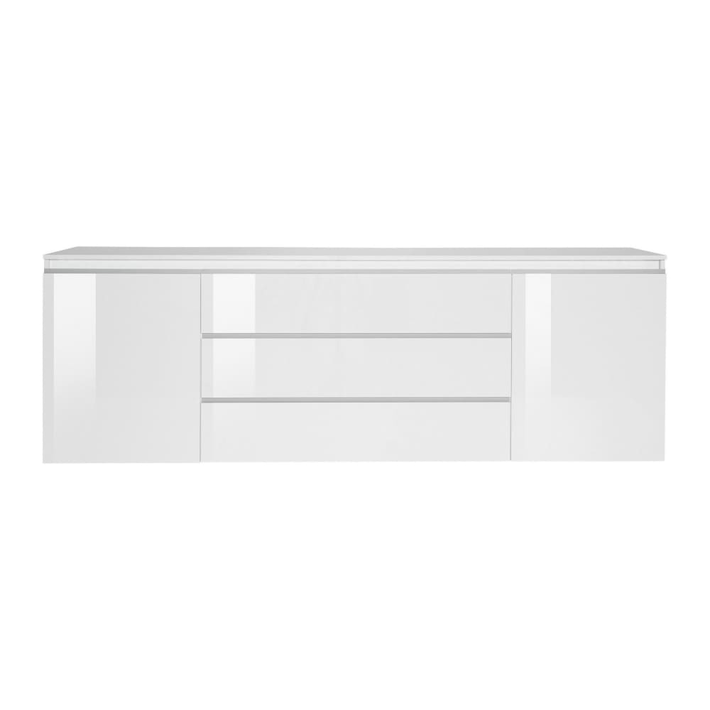 Buffet 2 porte 3 tiroirs 240 cm effet bois blanc brillant