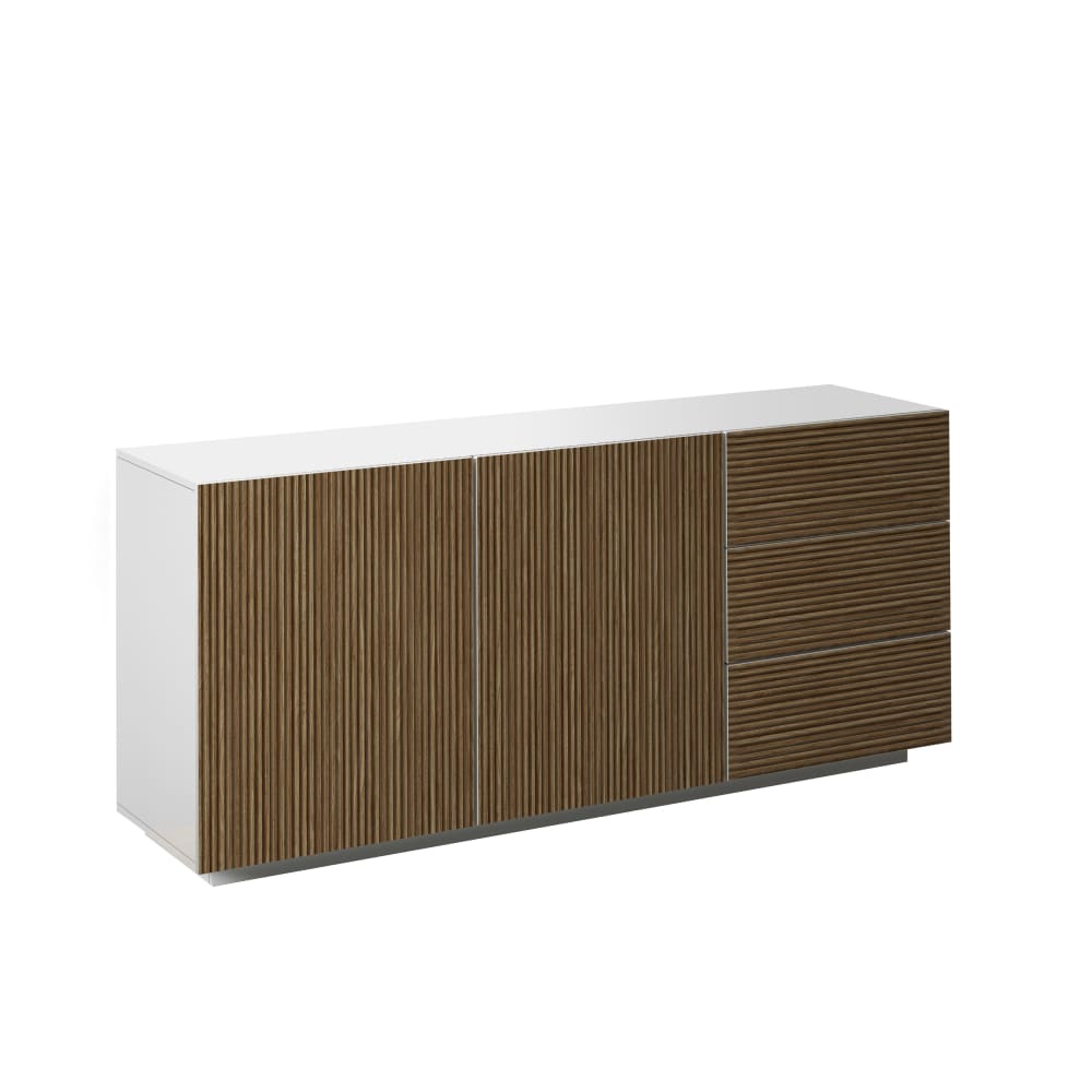Buffet 2 portes 180 cm effet bois cannelé blanc mat et bois clair
