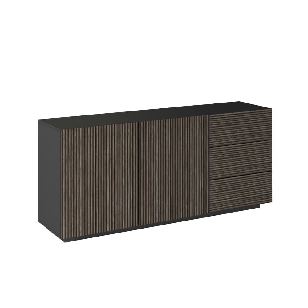Buffet 2 portes 180 cm effet bois cannelé anthracite mat et bois foncé