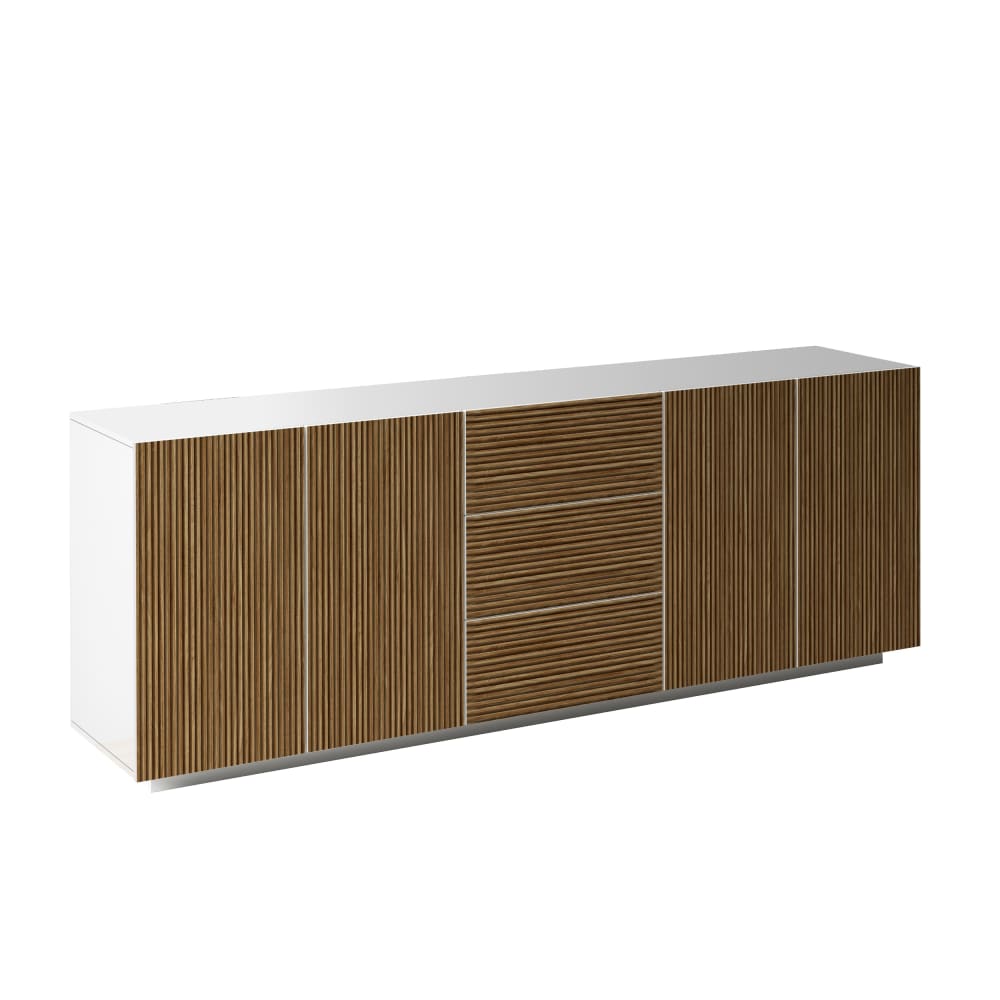 Buffet 4 portes 220,1 cm effet bois cannelé blanc mat et bois clair