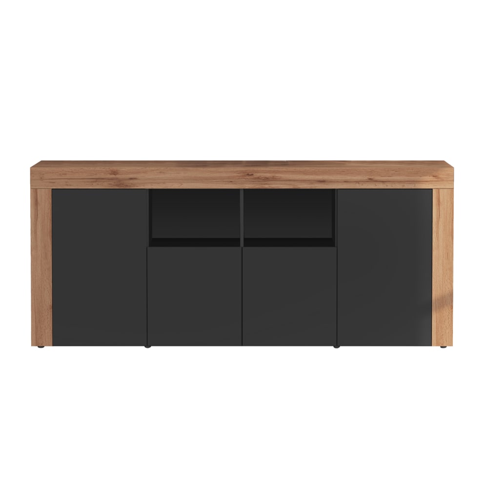 Buffet 4 portes 200 cm effet bois anthracite mat et chêne