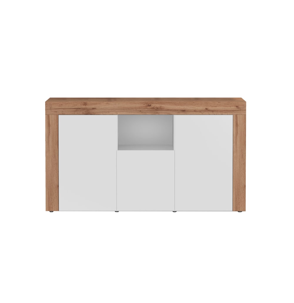 Buffet 3 portes 155 cm effet bois blanc brillant et chêne