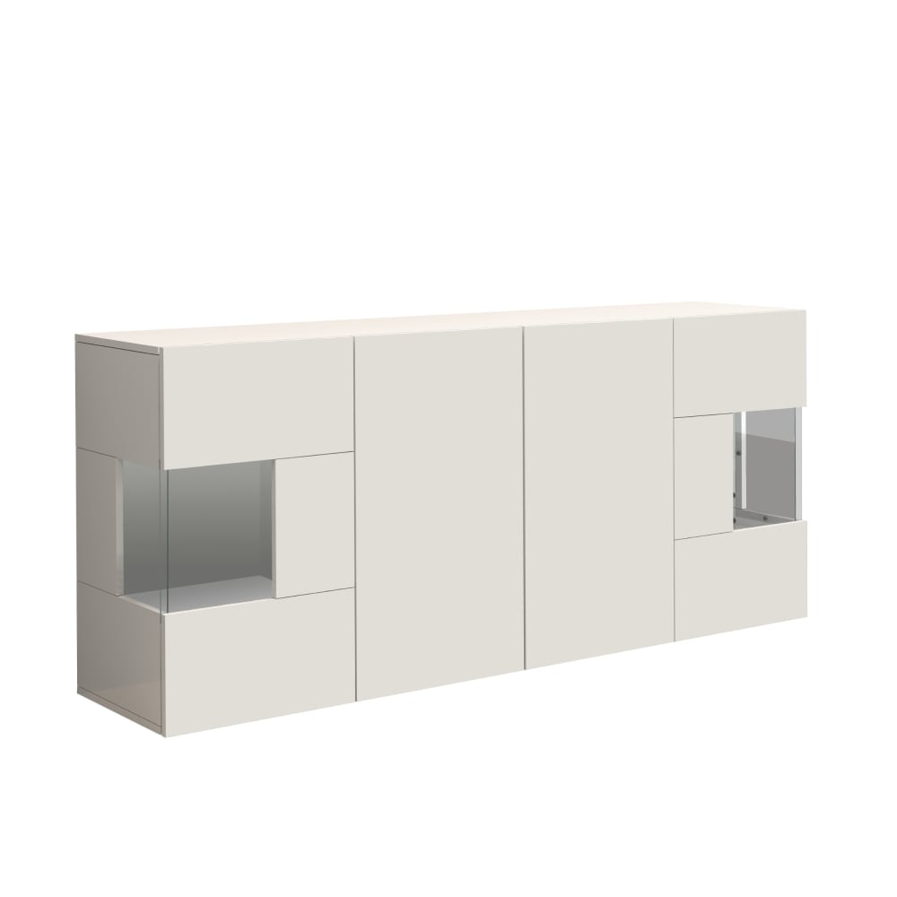 Buffet vitrine 4 portes 180 cm effet bois blanc brillant