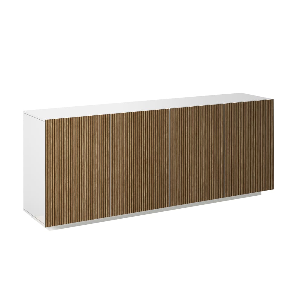 Buffet 4 portes 200 cm effet bois cannelé blanc mat et bois clair