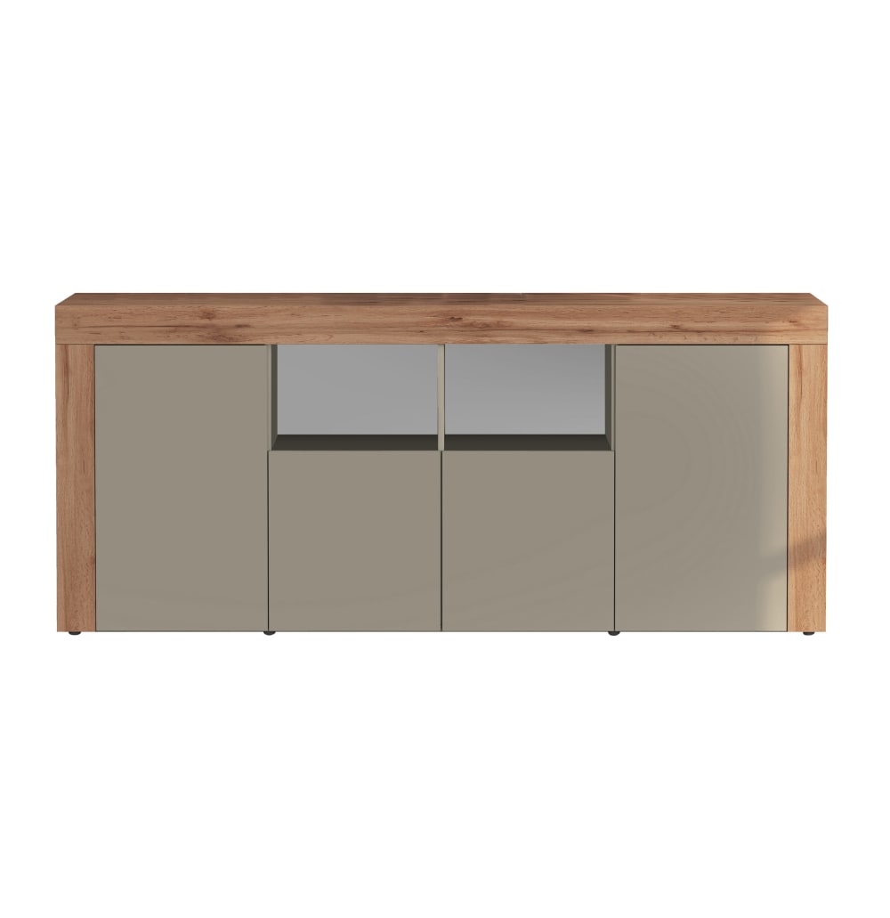 Buffet 4 portes 2 compartiments 200 cm effet bois taupe mat et chêne