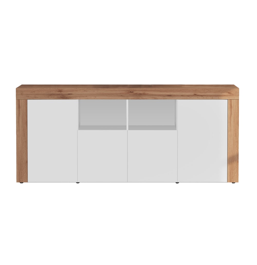Buffet 4 portes 200 cm effet bois blanc brillant et chêne