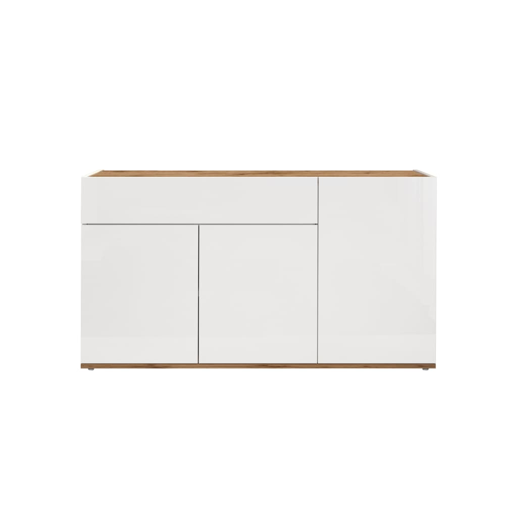 Buffet 3 portes 1 tiroir 120,1 cm effet bois blanc brillant et chêne