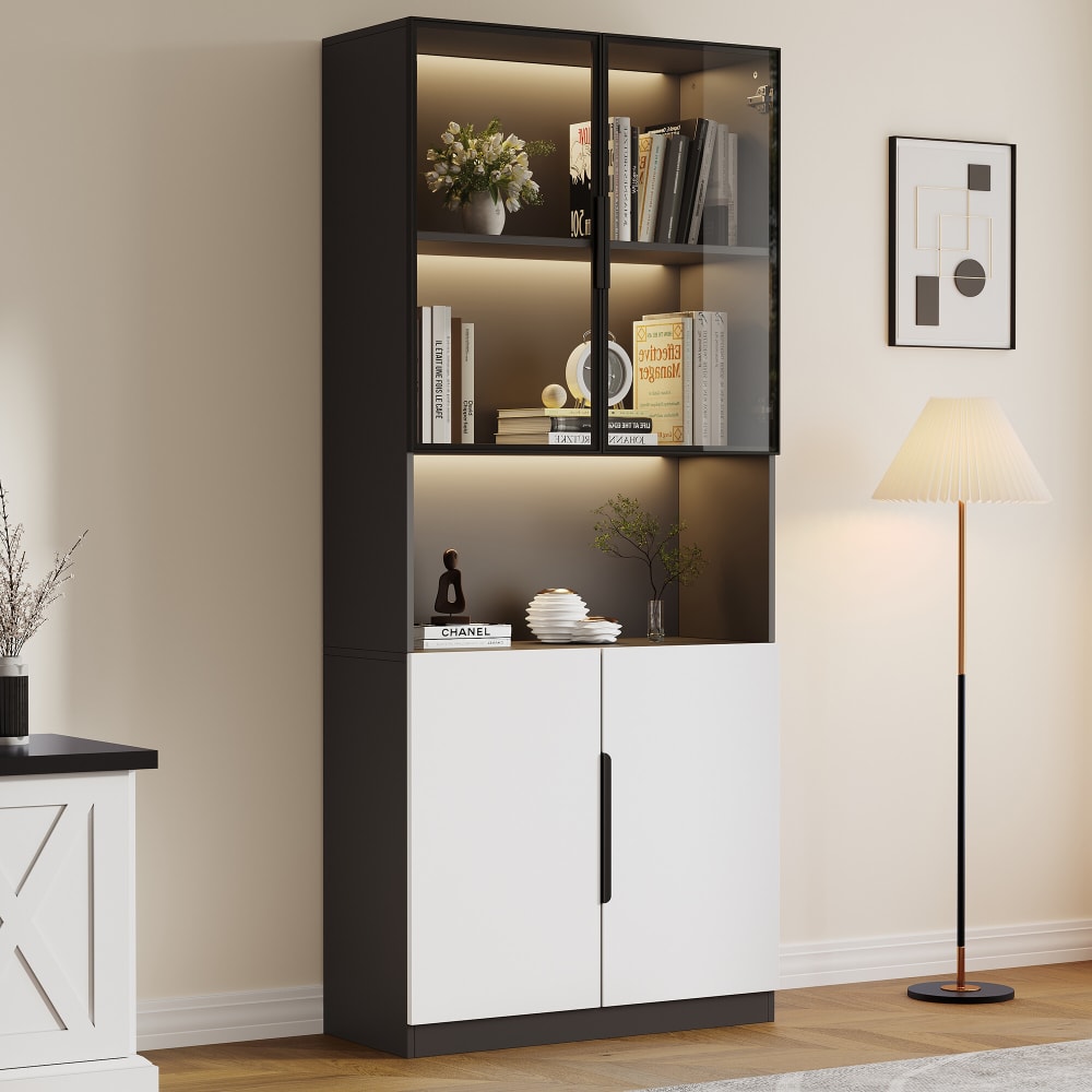 Bücherregal Vitrine mit 2 weiße Türen und LED, modern, Schwarz -