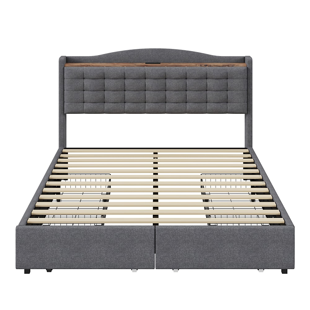 Lit king lin gris rembourré 4 tiroirs (160*200 cm)