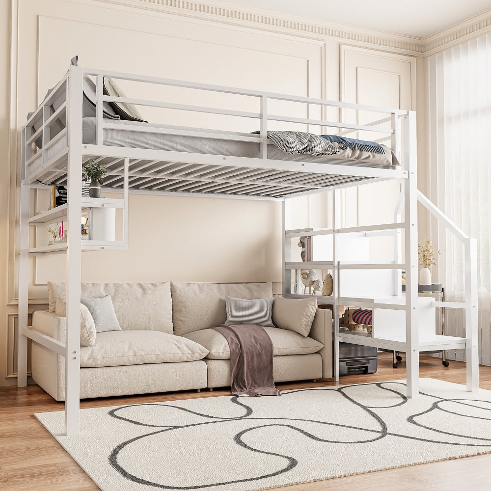 Lits double superposés métallique blanc échelle avec rangement