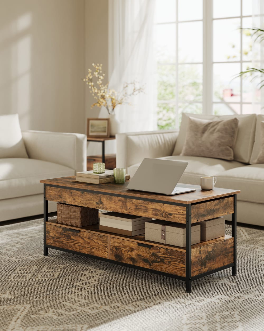 Table basse avec plateau relevable 50 x 120 cm marron rustique et noir