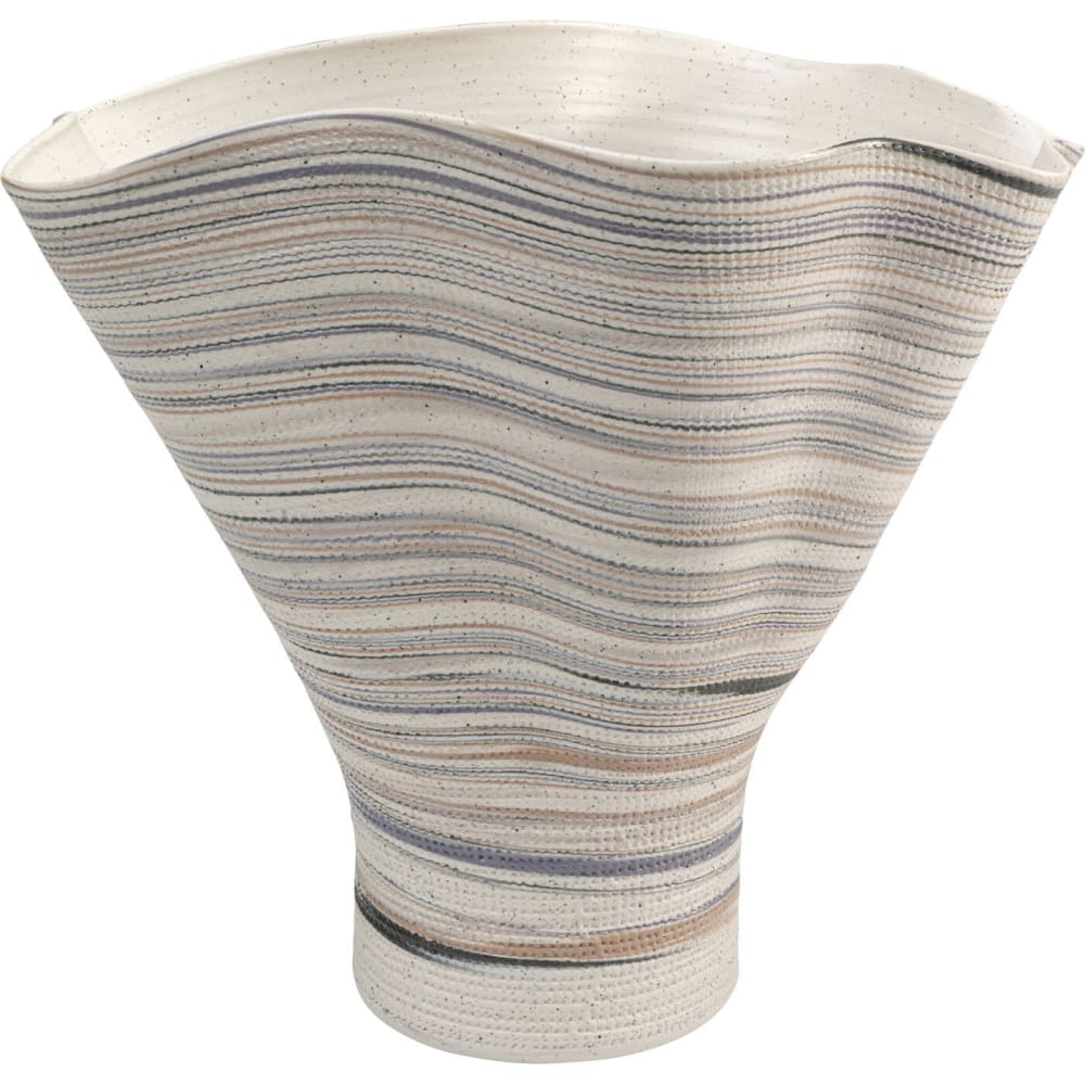 Vase rayé en grès beige et bleu