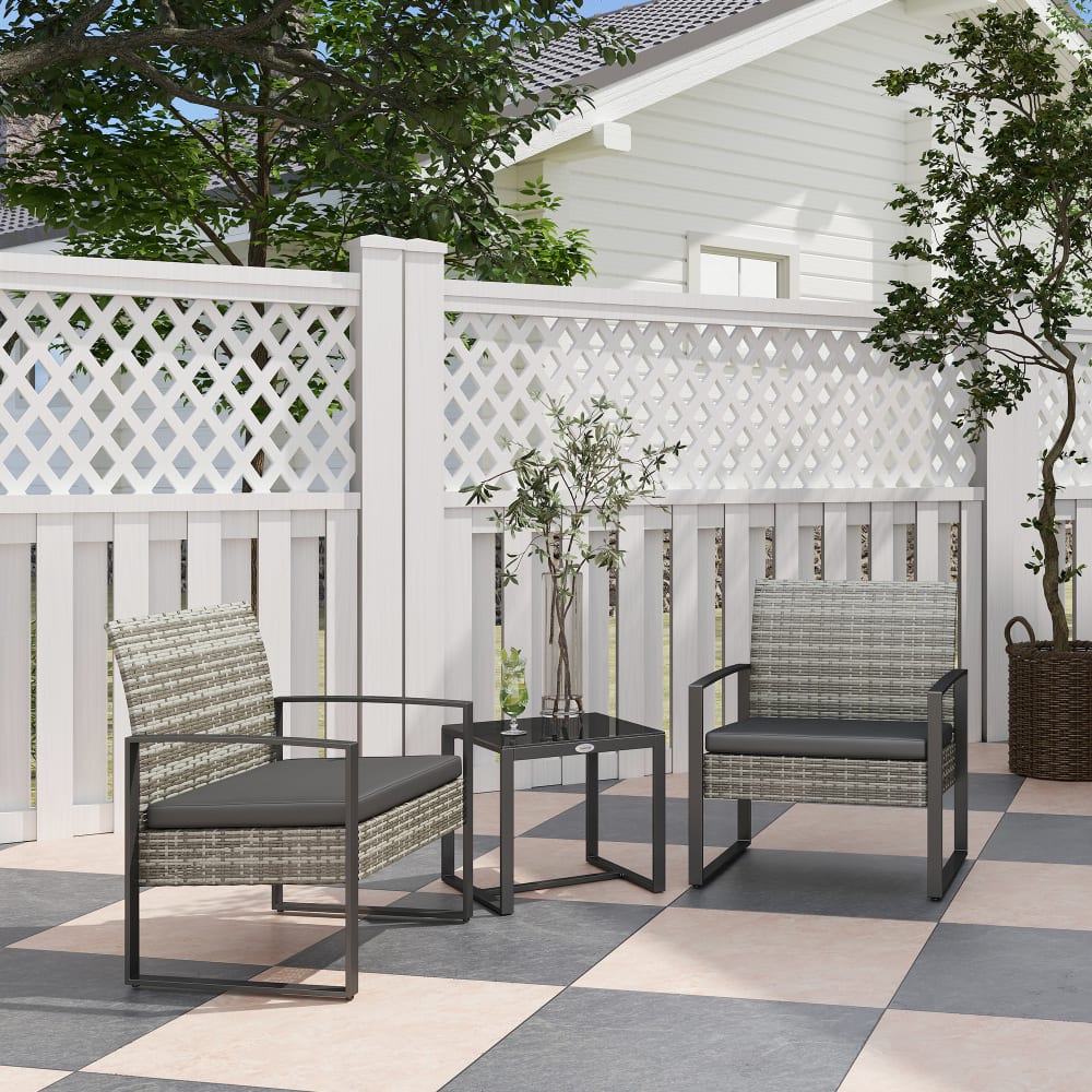 Salon de jardin table basse verre trempé résine tressée gris clair