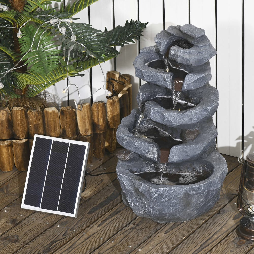 Fontaine de jardin énergie solaire roche cascade 5 niveau résine gris