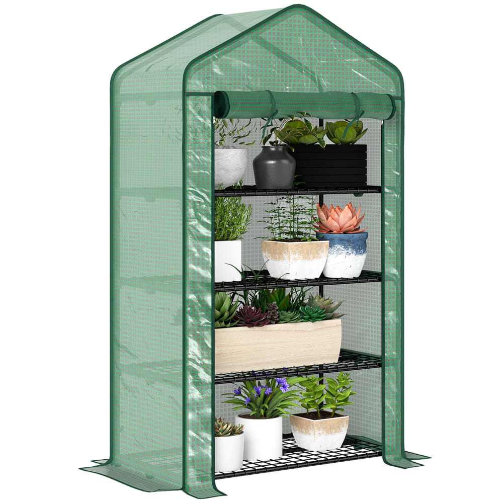 Serre de jardin avec étagères 4 niveaux acier vert