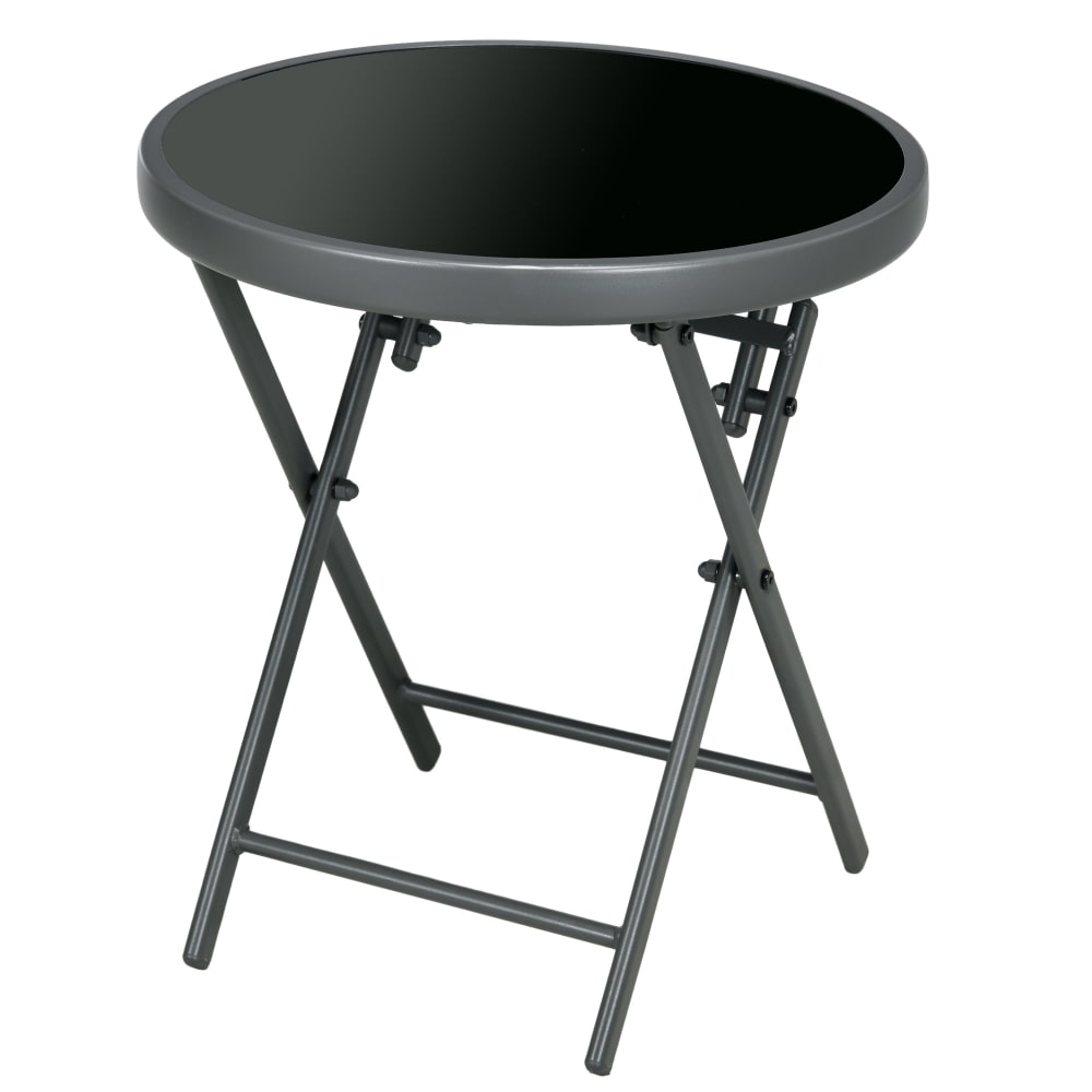Table basse pliante ronde 45cm acier et verre trempé noir