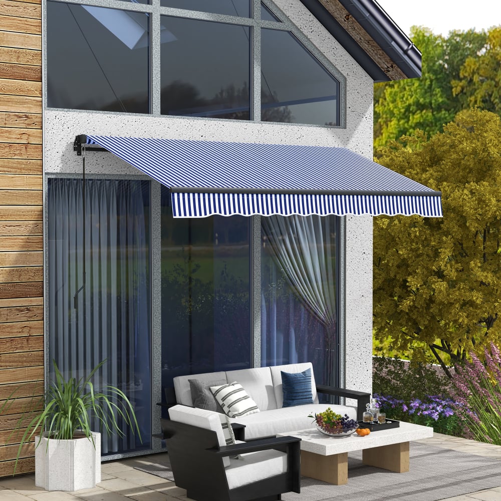 Banne rétractable pour balcon cadre alu polyester anti-uv bleu blanc