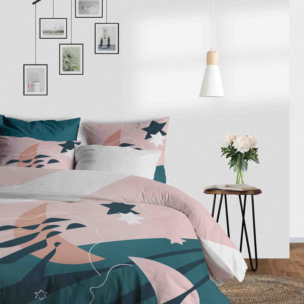 Parure housse de couette coton imprimée + 2 taies 260x240 cm