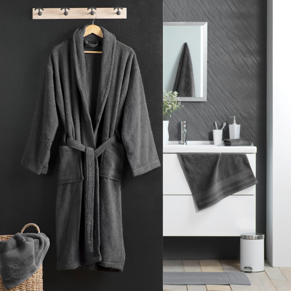 Peignoir uni à col châle coton gris anthracite taille unique