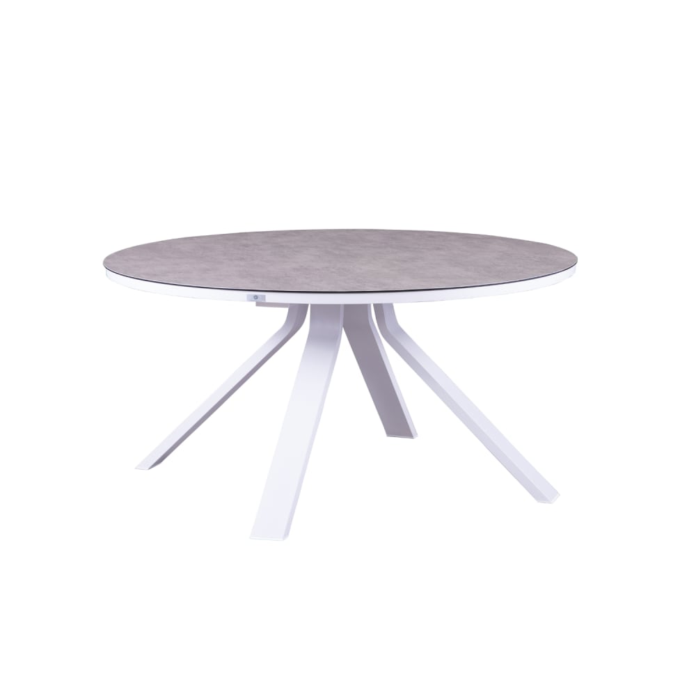 Table ronde en aluminium blanche avec plateau en verre