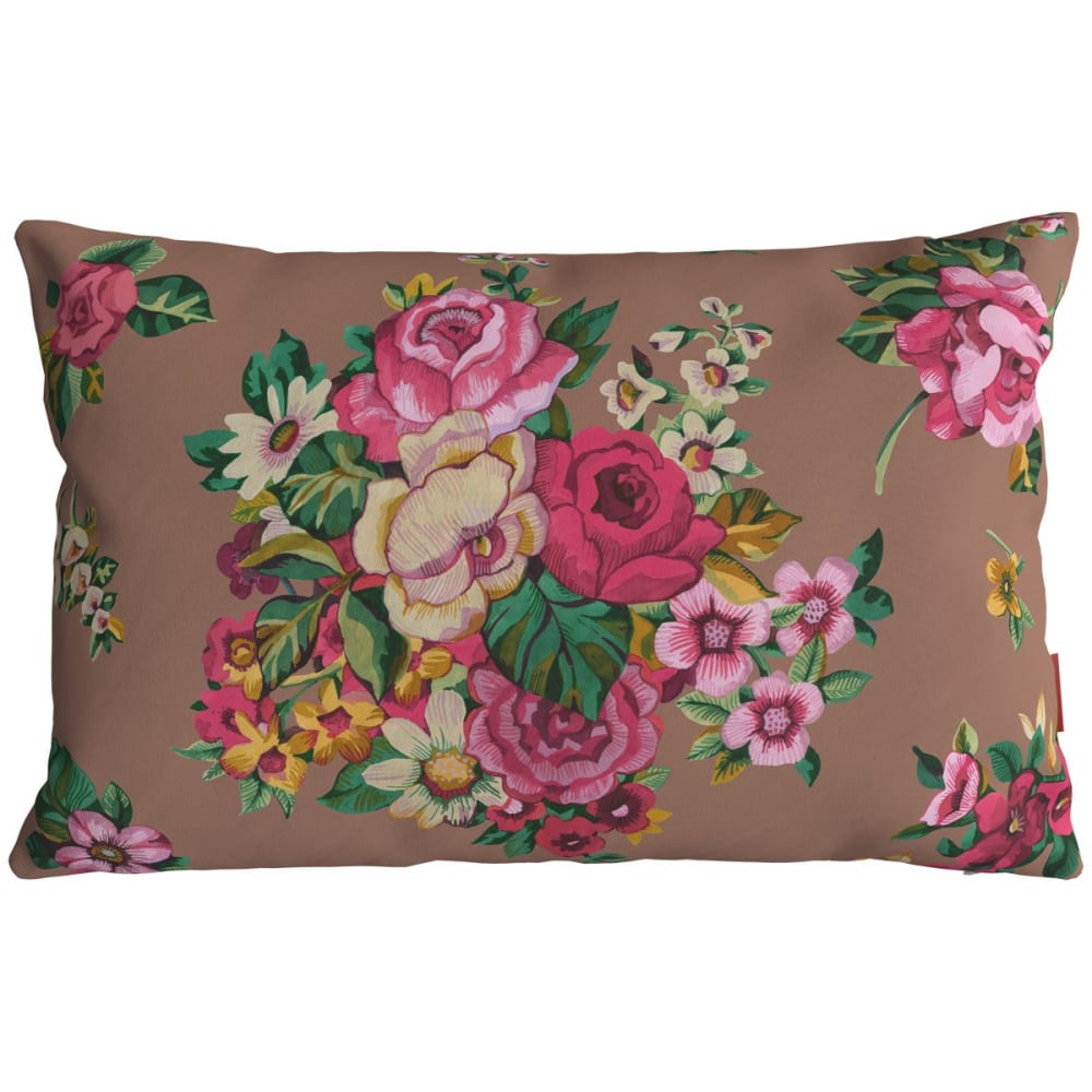 Housse de coussin extérieur 30x50 cm motif fleuri moka