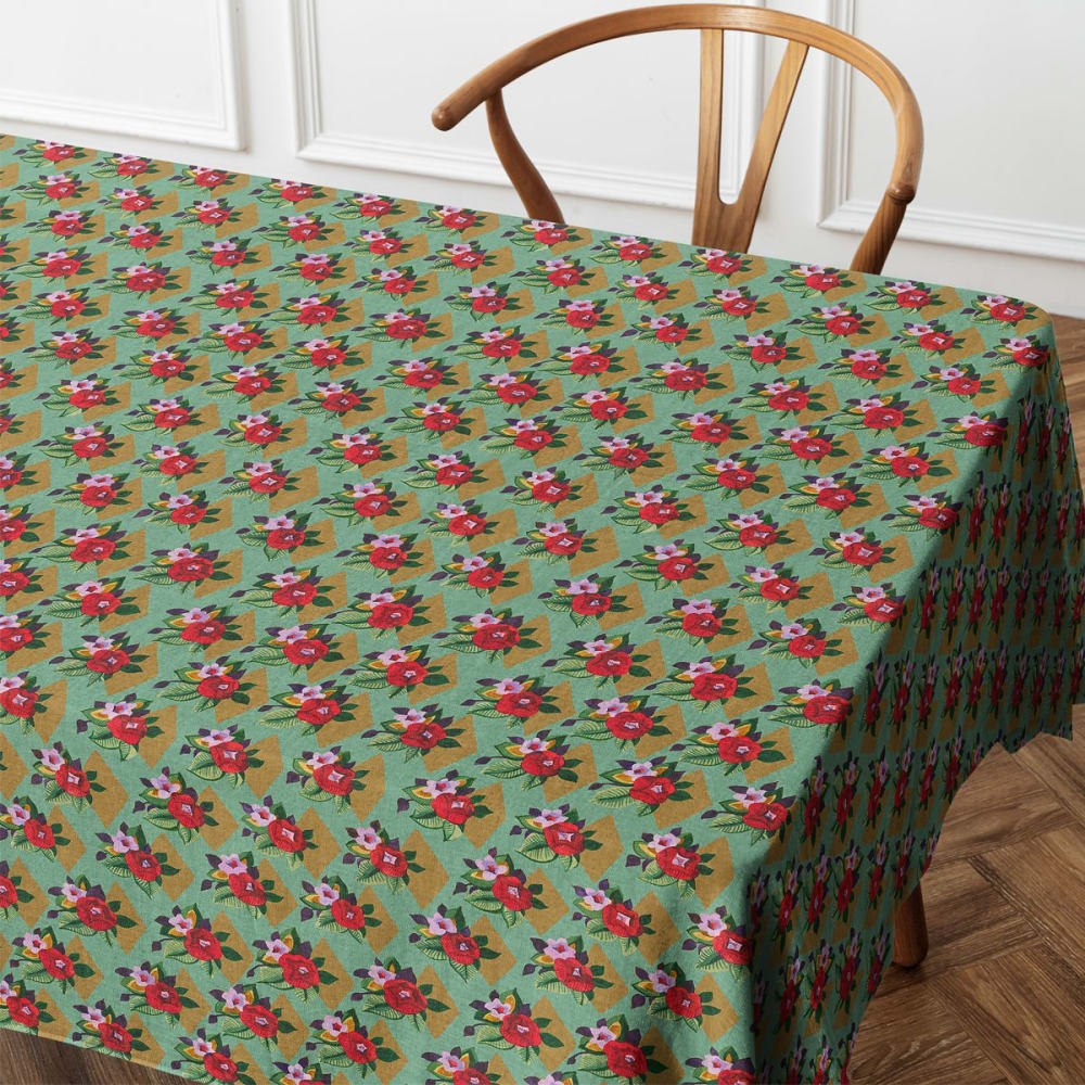 Vent de Bohème Quadratische Tischdecke Baumwolle 140x140 Floral Grün Grün Baumwolle