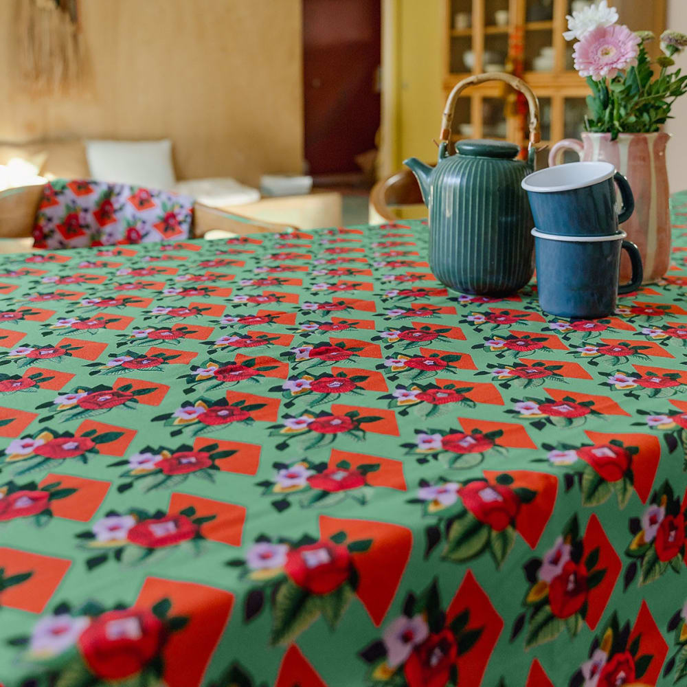 Nappe carrée en coton, 140x140 cm, motif fleuri vert - Maisons du Monde