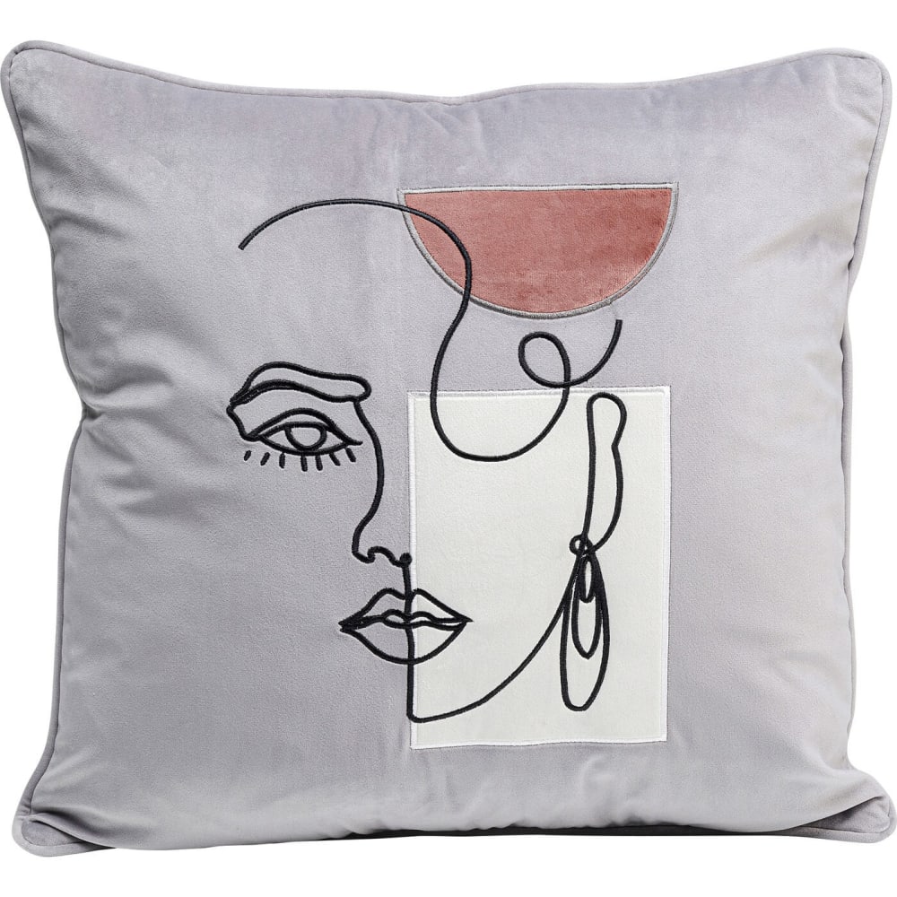 Coussin visage de femme en velours gris 45x45