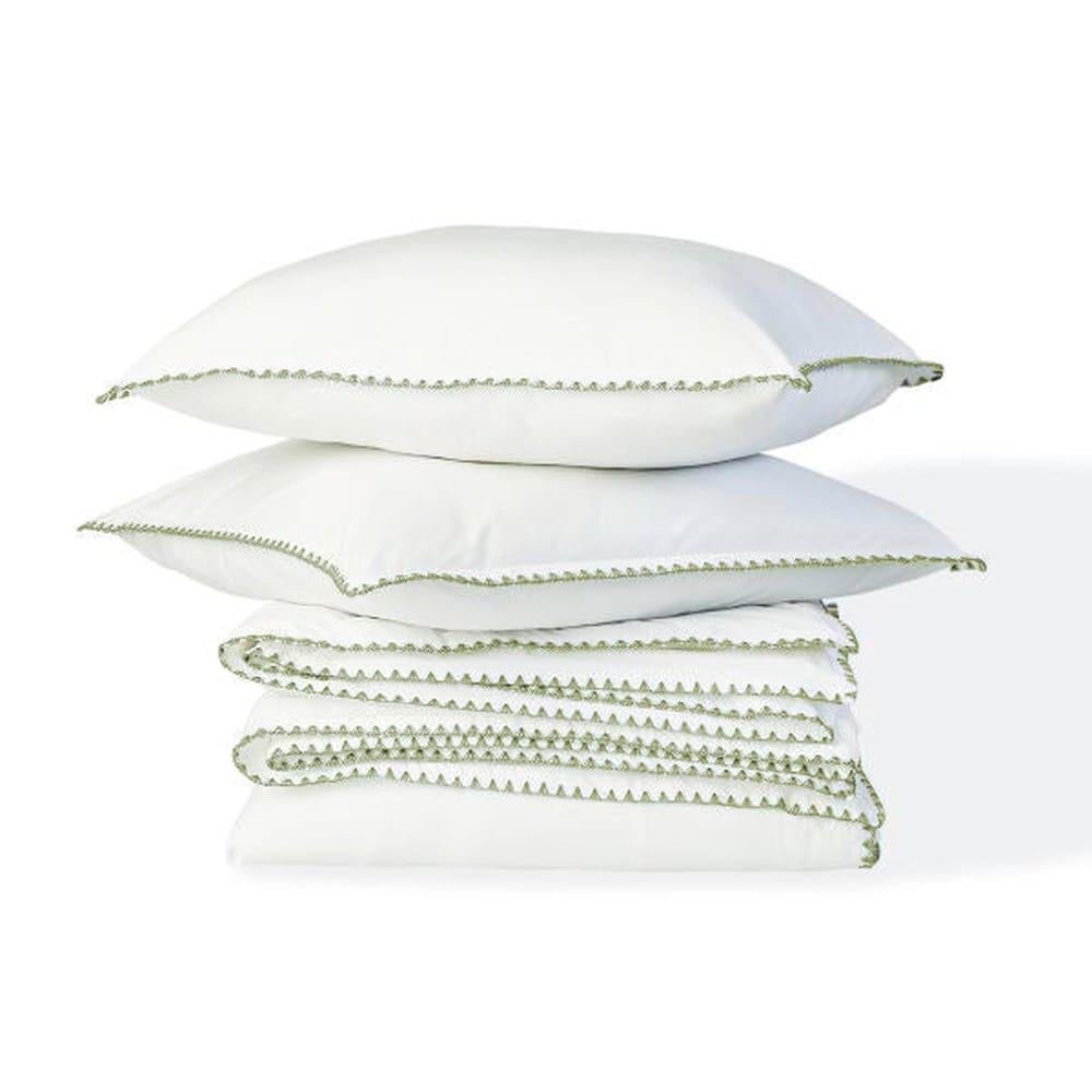 Parure + taies 65x65 percale de coton blanc & céladon 240x220