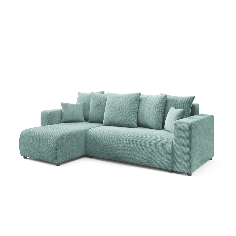 Canapé d'angle gauche convertible 4 places en tissu vert d'eau