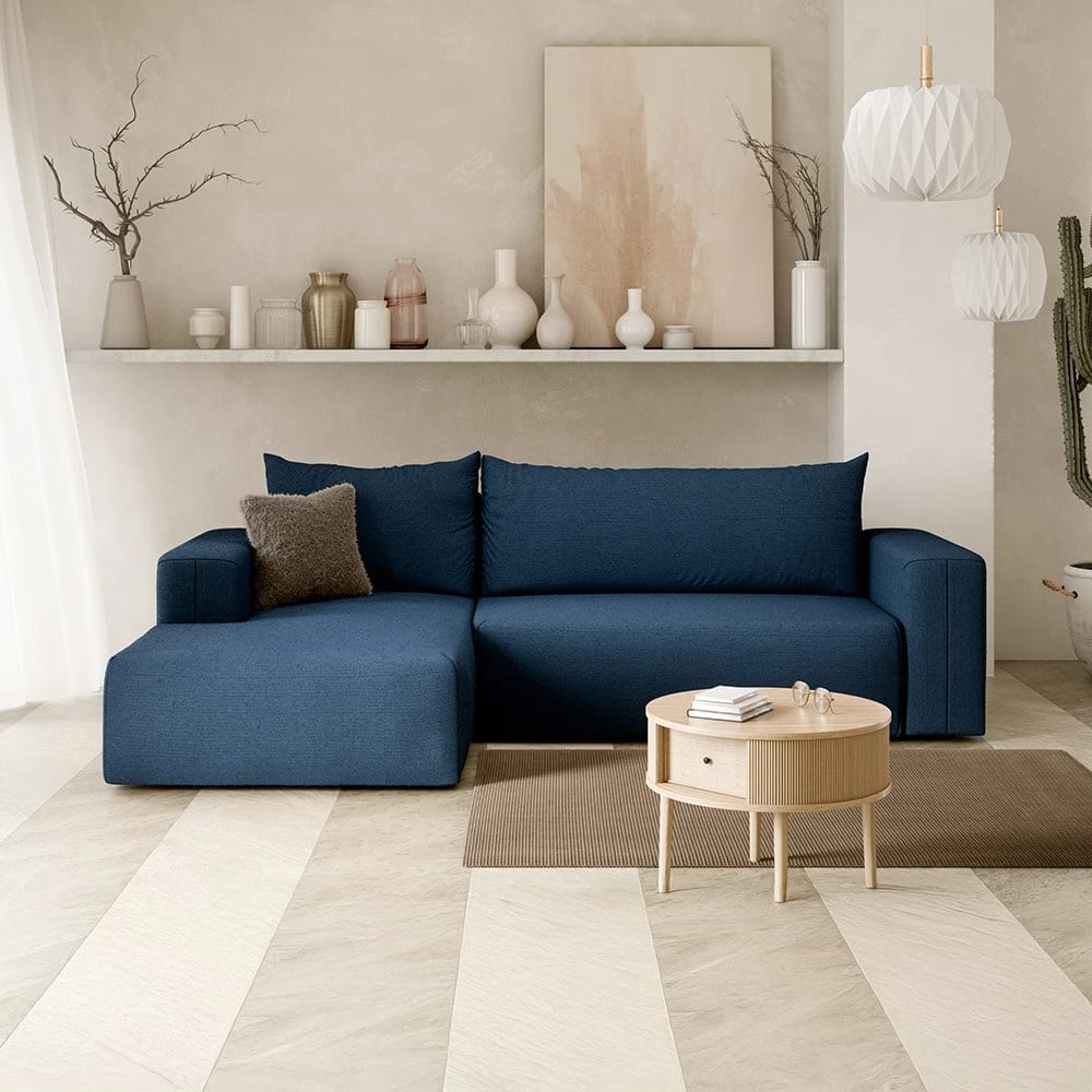 Canapé d'angle gauche convertible 4 places en tissu bleu