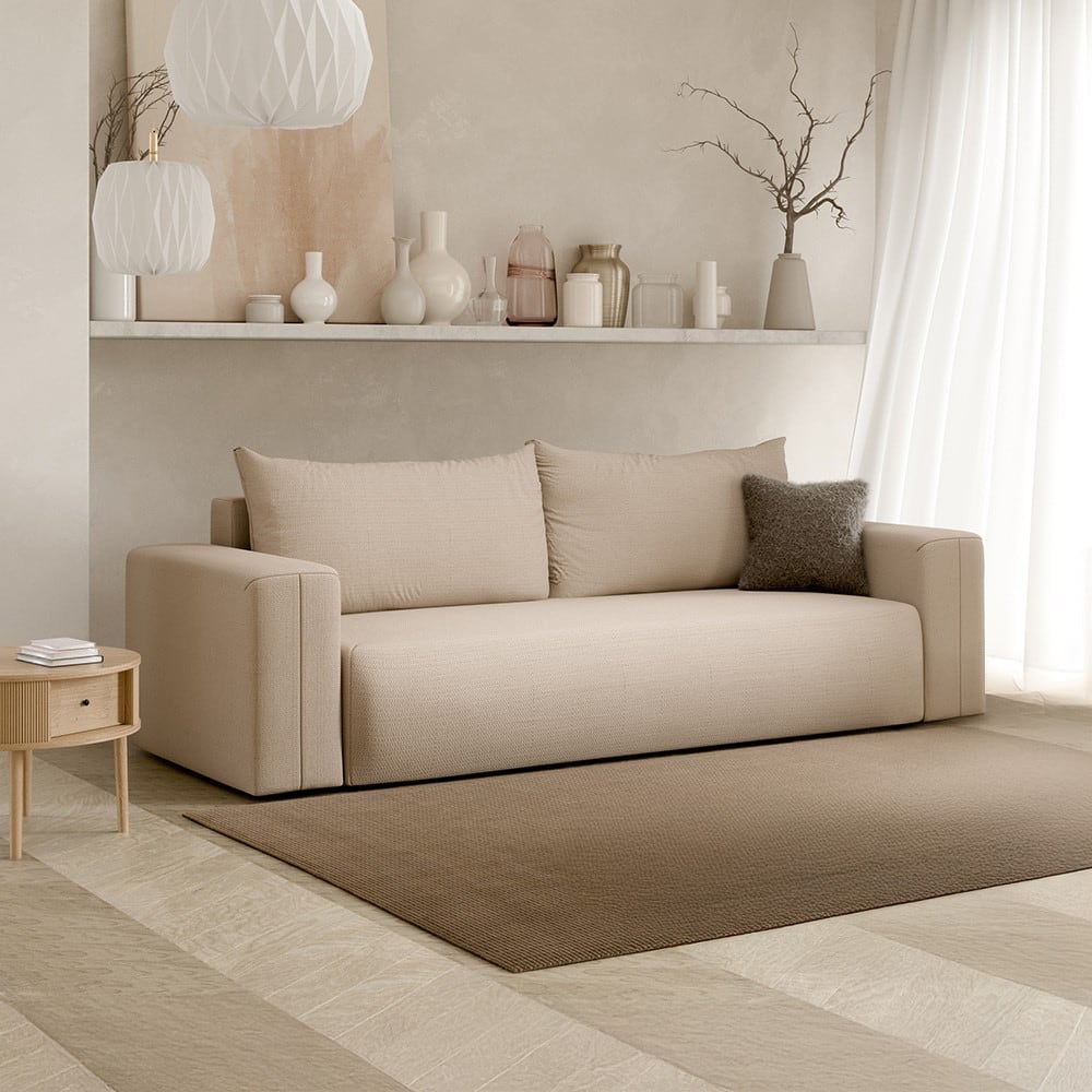 Canapé droit convertible droit 3 places en tissu beige
